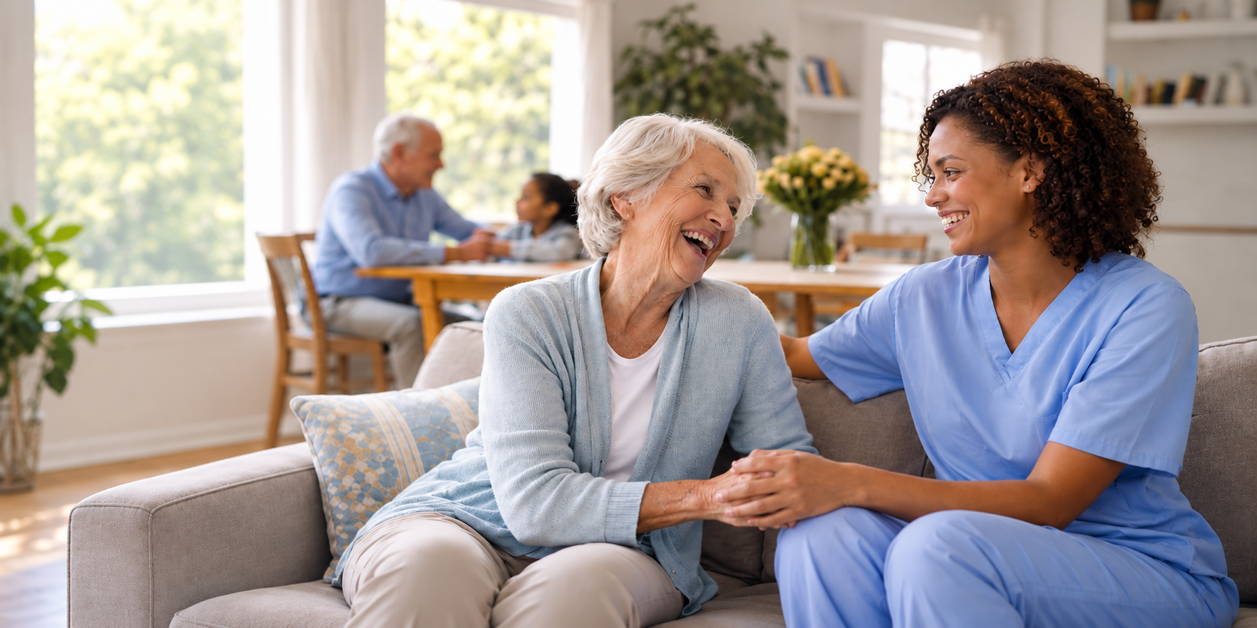 Caregiver assisting an older adult at home, illustrating a home care software case study.
